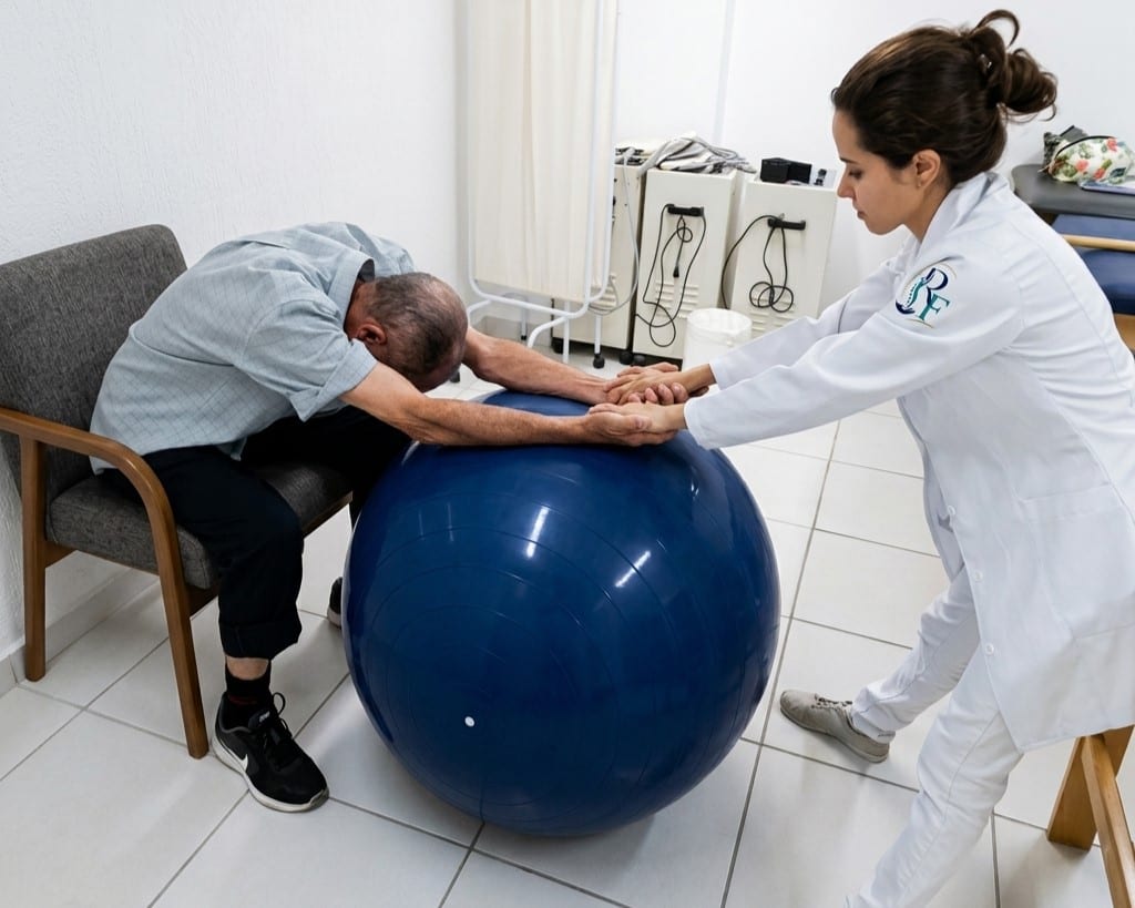 Dra. Regiane Freitas orientando um paciente em exercício terapêutico com bola